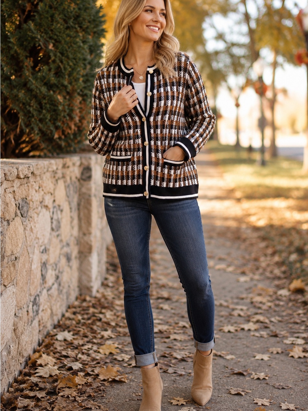 NWT Anne Klein Plaid Cardigan Sweater Medium Brown Black Button Front MSRP $119